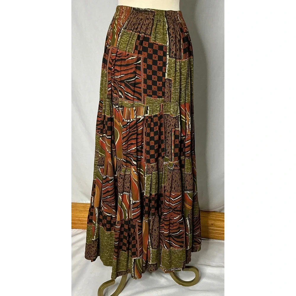 Silk‎ Stop Originals Boho Patchwork Maxi Skirt Brown Green Earth Tones Size S
